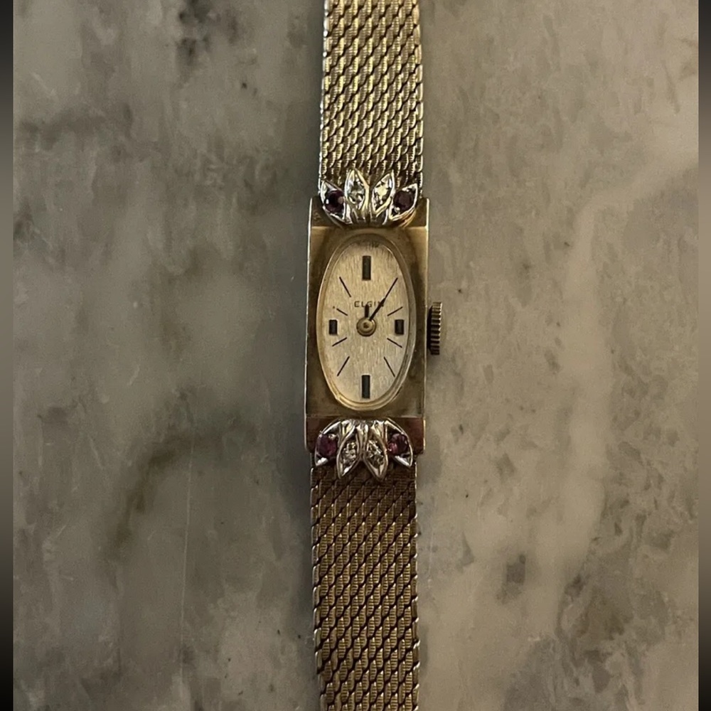 Antique Rare Swiss 10k Gold Elgin Ladies Watch With Diamond Pavé And Pink Rubies
